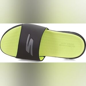 Skechers-Vibrant Black and Neon Green Slide Sandals, Size 10